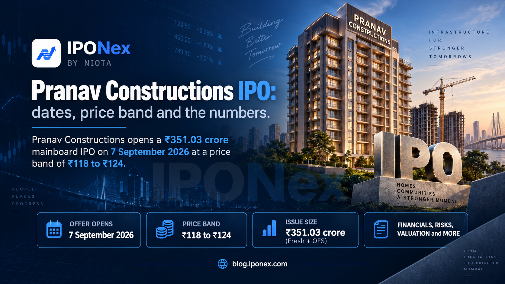 Pranav Constructions IPO feature banner showing issue details and key dates